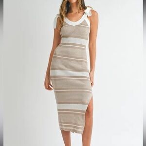 Endless Rose Beige & White Nautical Striped Neutral Tie-Shoulder Knit Midi Dress